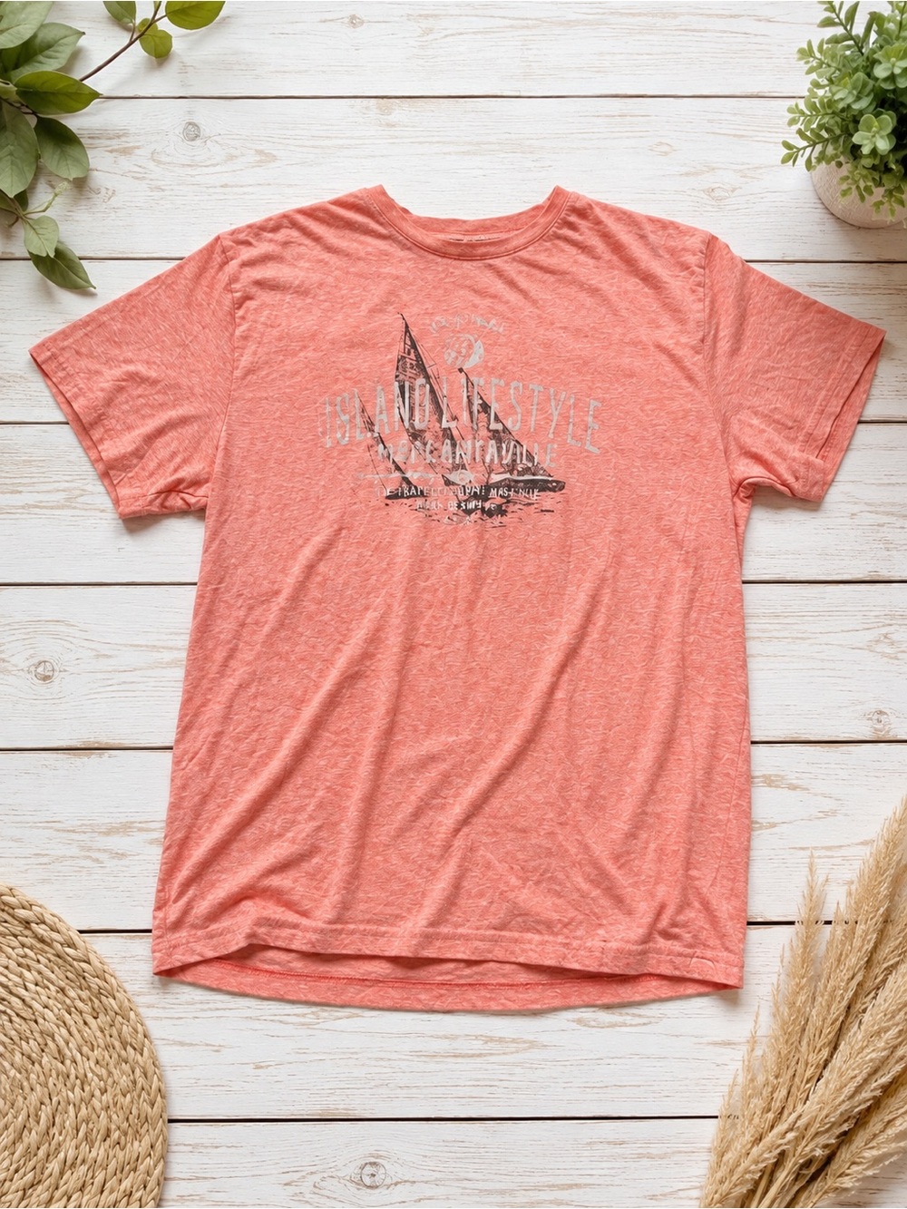 Coral Pink Sailboat Graphic T-Shirt 658